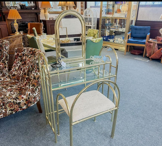 Brass & Glass Vanity w Bench