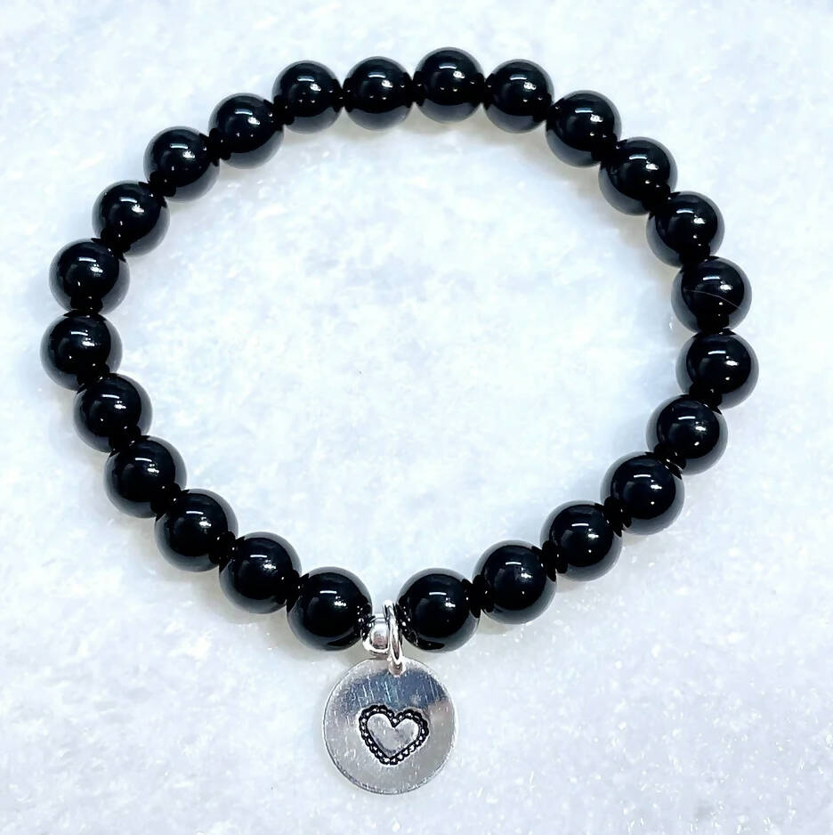 Black Onyx & HS Heart Dangle St Bracelet B499-SS