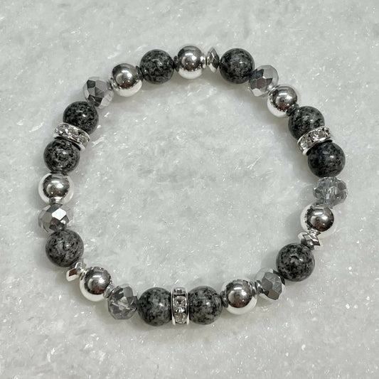 Sesame Jasper & Silver Hematite Stretch Bracelet B366-SS