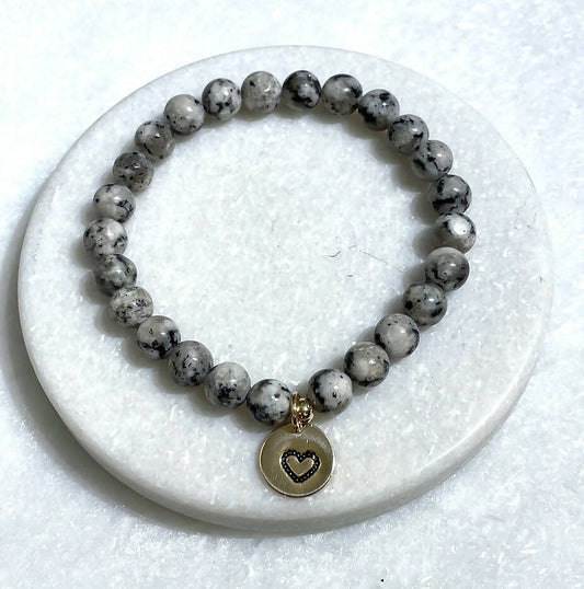 Sesame Jasper & HS Heart Dangle Stretch Bracelet B173-GF