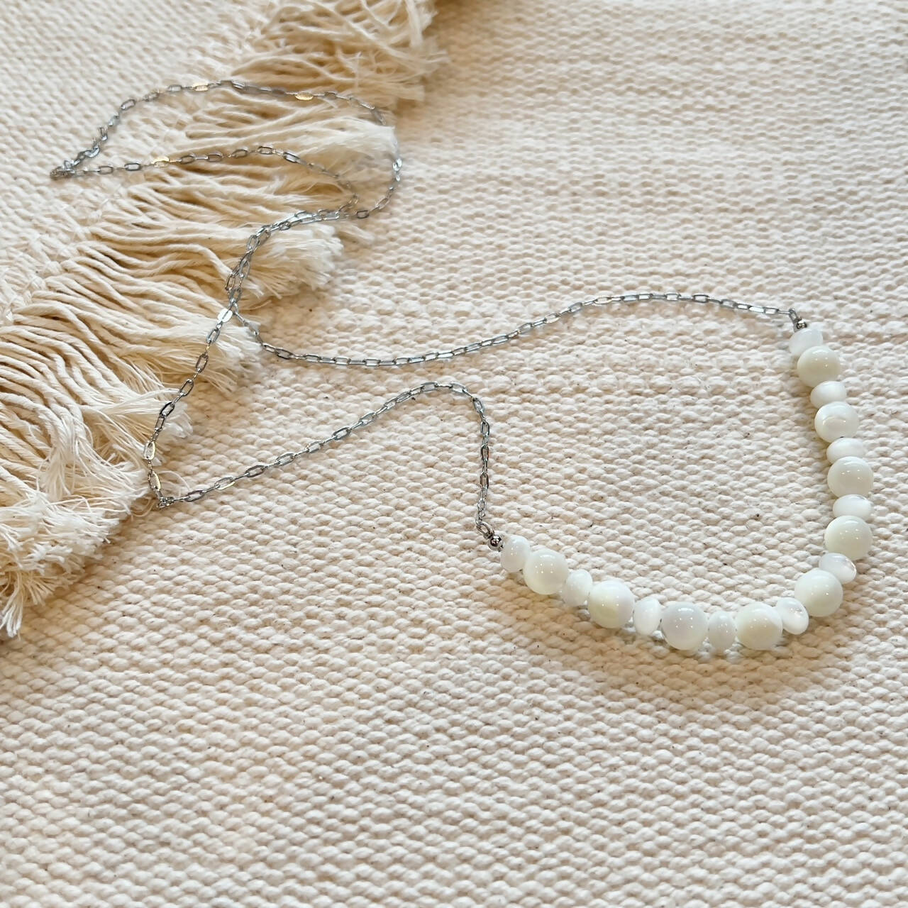 Beaded Shell + Chain Layering Necklace || Silver Stainless Steel || Tarnish Proof Waterproof