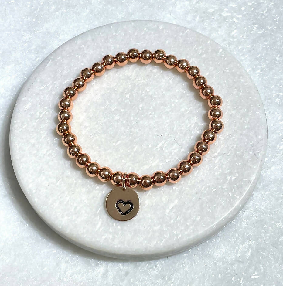 6mm Rose Gold Plated/Heart Charm Stretch Bracelet B112-RG