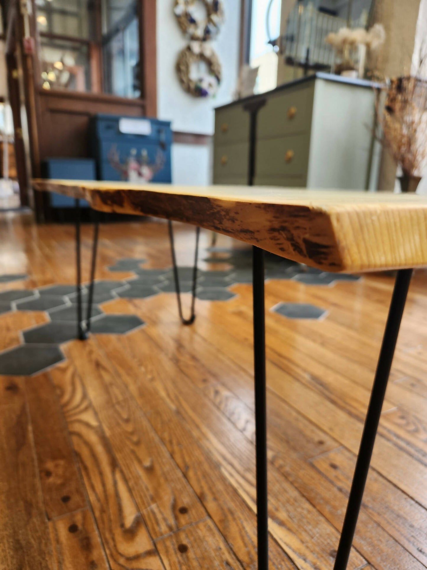 Live edge coffee table with hairpin legs