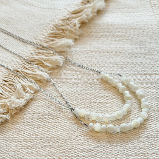 Beaded Shell + Chain Layering Necklace || Silver Stainless Steel || Tarnish Proof Waterproof