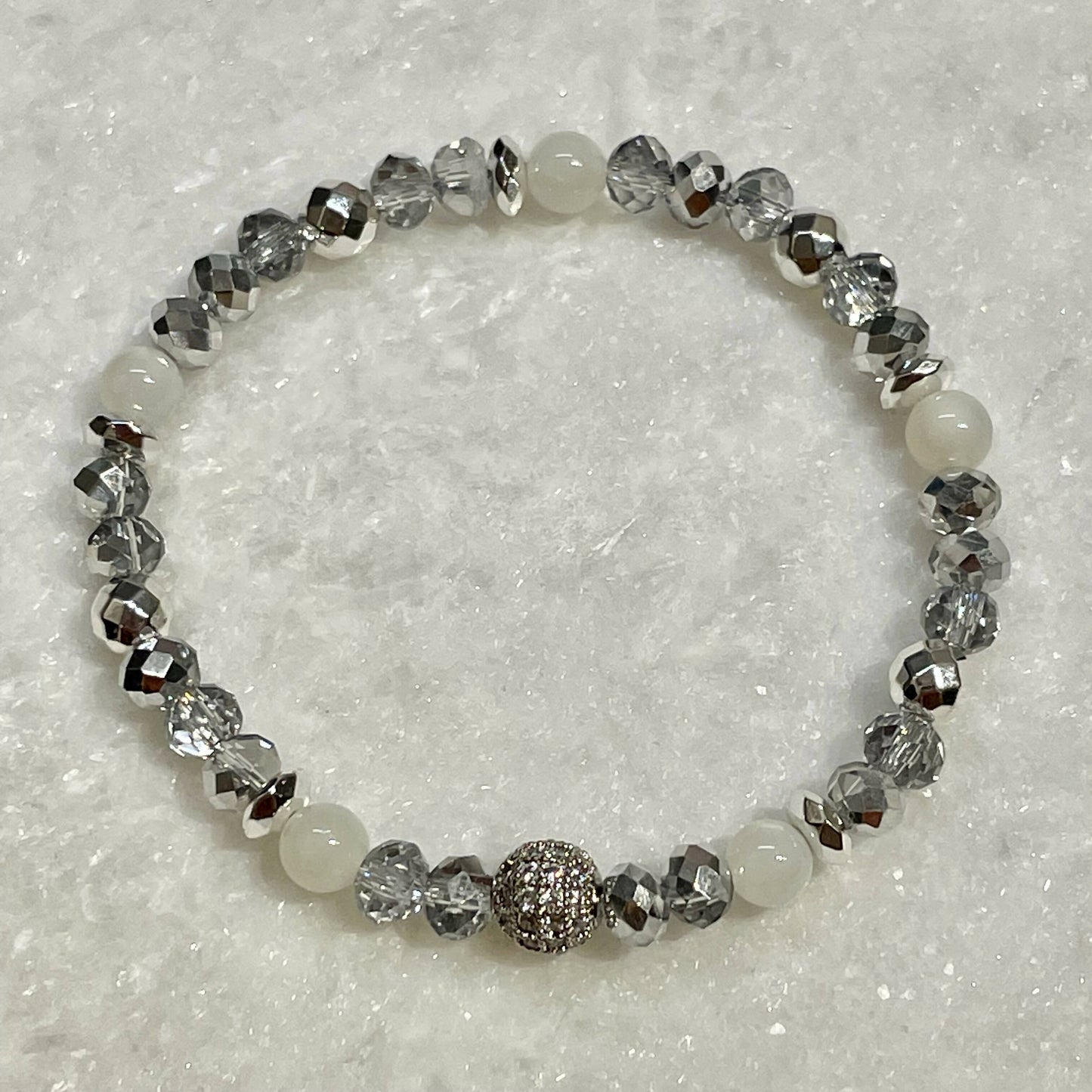 CZ Silver Pave' Ball & Moonstone St Bracelet B518-SS