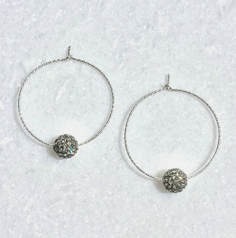 SS Sparkle Hoops/Bk Diamond Pave' Ball Earrings EST-224-SS