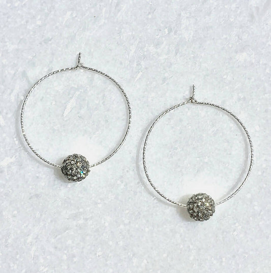 SS Sparkle Hoops/Bk Diamond Pave' Ball Earrings EST-224-SS