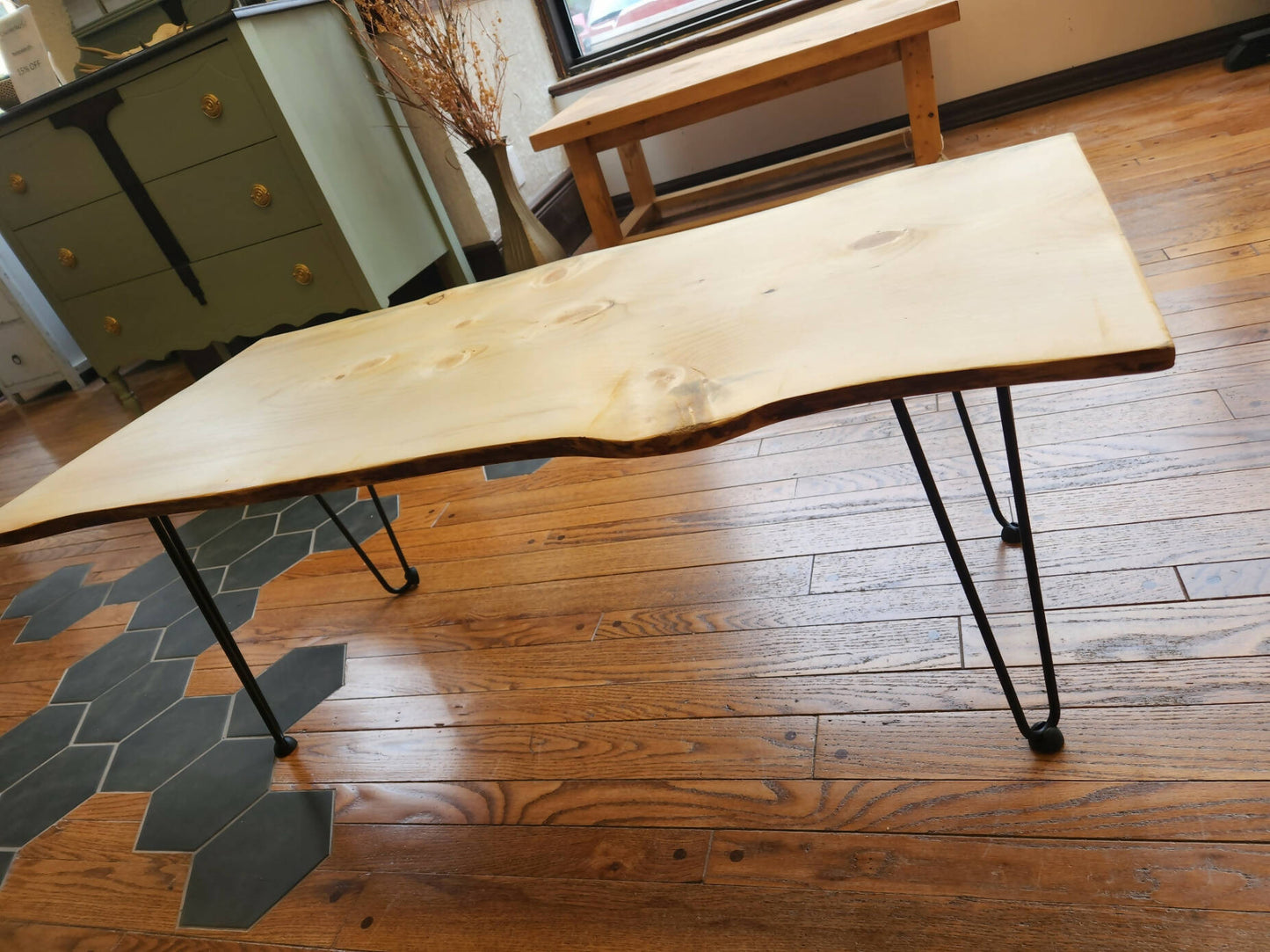 Live edge coffee table with hairpin legs