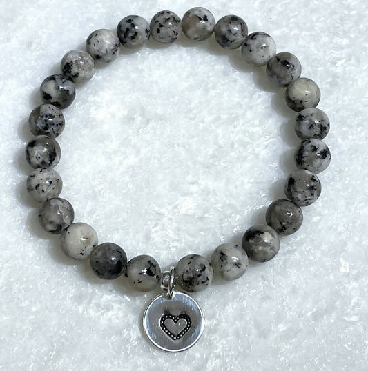 Sesame Jasper & HS Sterling Silver Heart Dangle St Bracelet B421-SS