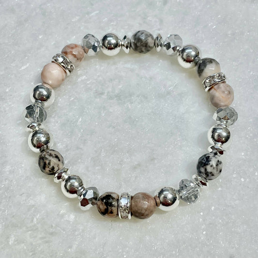 Pink Zebra & Silver Hematite Stretch Bracelet B495-SS